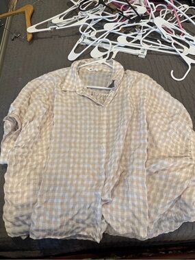 Light Beige Gingham Button-Up Shirt - Casual Shirt